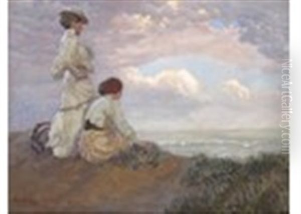 Two Elegant Ladies On The Coast, Gazing Out To Sea Oil Painting by Hans Hammer