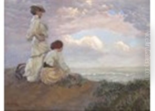 Two Elegant Ladies On The Coast, Gazing Out To Sea Oil Painting by Hans Hammer