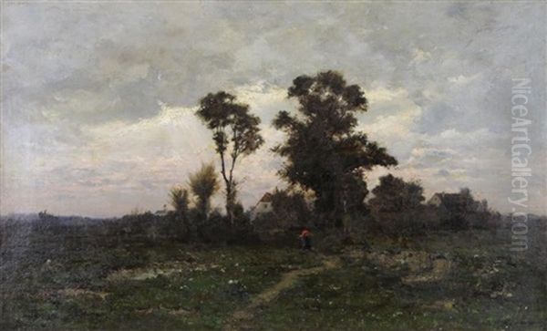 Figure Along Country Path Oil Painting by Johann (John) J. Hammer