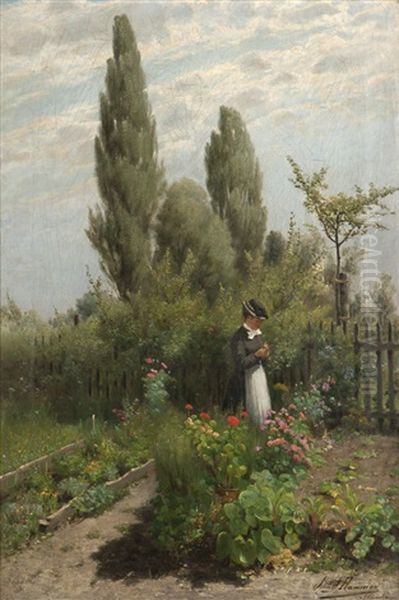 Woman In The Garden Oil Painting by Johann (John) J. Hammer