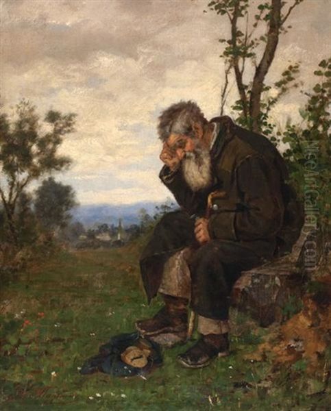 Man Seated In Contemplation In Landscape With Distant Village Oil Painting by Johann (John) J. Hammer