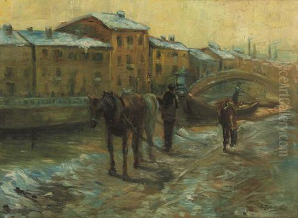 Barconi Sui Navigli Oil Painting by Carlo Balestrini