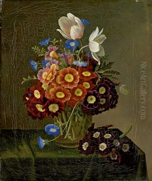 Blumenstillleben Mit Aurikeln Und Anemonen In Einer Glasvase Oil Painting by William Hammer