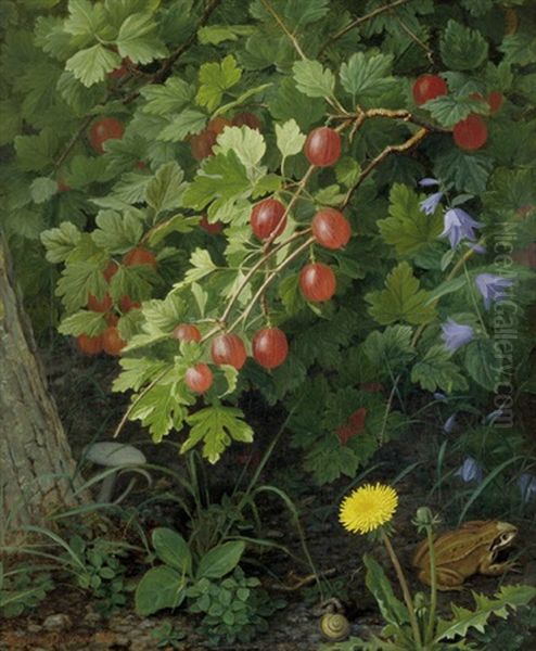 Waldstuck Mit Stachelbeeren, Lowenzahn, Glockenblumen, Schnecke Und Frosch Oil Painting by William Hammer