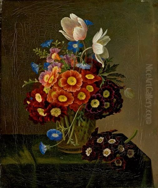 Blumenstillleben Mit Aurikeln Und Anemonen In Einer Glasvase Oil Painting by William Hammer