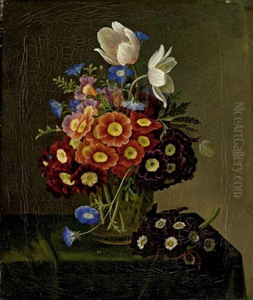 Blumenstillleben Mit Aurikeln Und Anemonen In Einer Glasvase Oil Painting by William Hammer