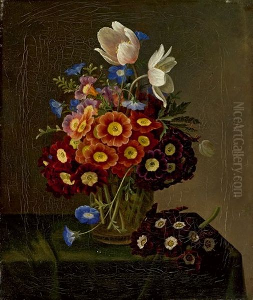 Blumenstillleben Mit Aurikeln Und Anemonen In Einer Glasvase by William Hammer