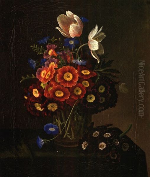 Blumenstillleben Mit Aurikeln Und Anemonen In Einer Glasvase Oil Painting by William Hammer