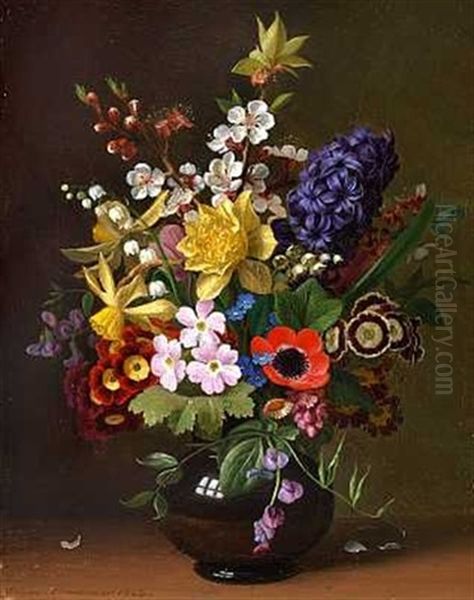 Forarsbuket Med Frugtgren, Primula, Paskeliljer Og Hyacint I En Vase Oil Painting by William Hammer