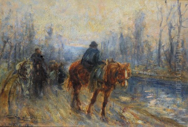 A Cavallo Lungo I Navigli Oil Painting by Carlo Balestrini