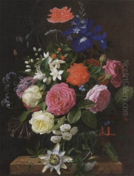 Blumenstilleben. Rosen, Fuchsien, Passionsblumen, Mohn, Nachtyazinthen, Schwertlilien Und Nelken In Einer Glasvase Auf Einem Marmorsockel Oil Painting by William Hammer