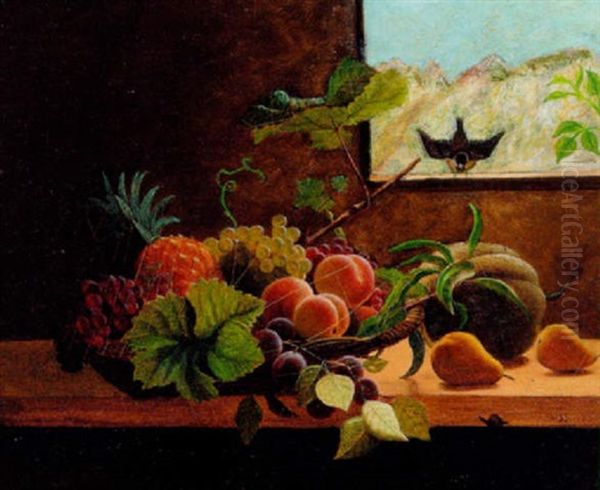 Kurv Med Ananas, Druer Og Blommer Pa En Karm Oil Painting by William Hammer