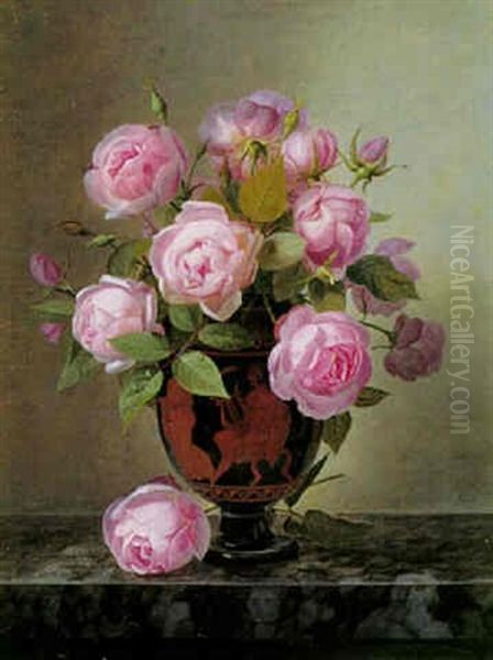 Graesk Vase Med Lyserode Roser Oil Painting by William Hammer