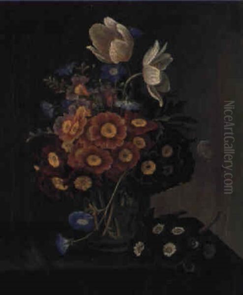 Aurikler I En Vase Pa Et Bord Oil Painting by William Hammer