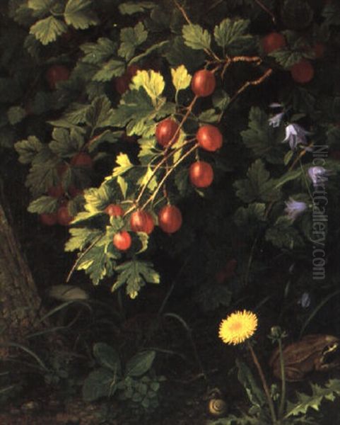 Still Life With Gooseberries, Campanula, Dandelion And A Frog Oil Painting by William Hammer