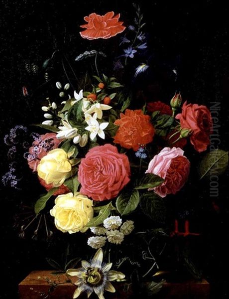 A Still Life With A Vase Of Roses, Iris, Queen Anne's Lace, Fuchsia, Honeysuckle And A Poppy On A Marble Table by William Hammer