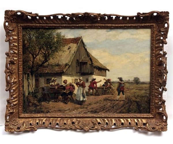 Cavaliers Outside A Tavern Oil Painting by Max Hammerl