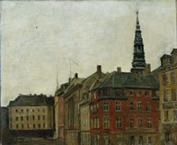 View From Hojbro Plads With The Spire Of St Oil Painting by Svend Hammershoi