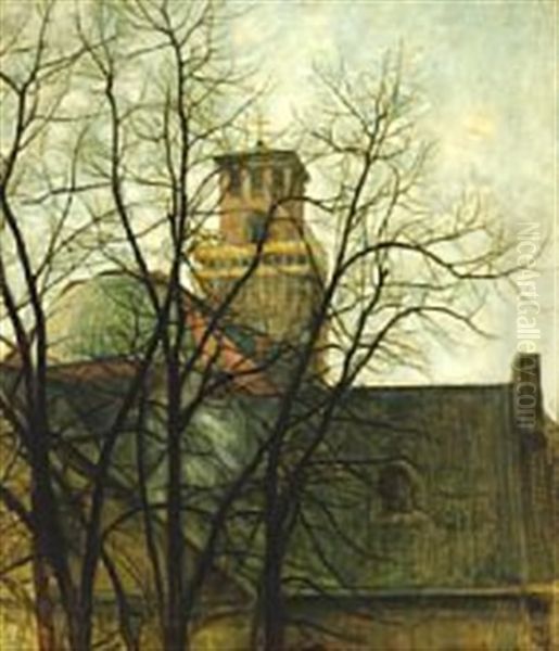 The Church Tower Of Vor Frue Kirke (the Cathedral) Oil Painting by Svend Hammershoi