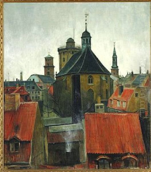 View Over Rooftops, Copenhagen, In The Foreground Rundetarn Oil Painting by Svend Hammershoi