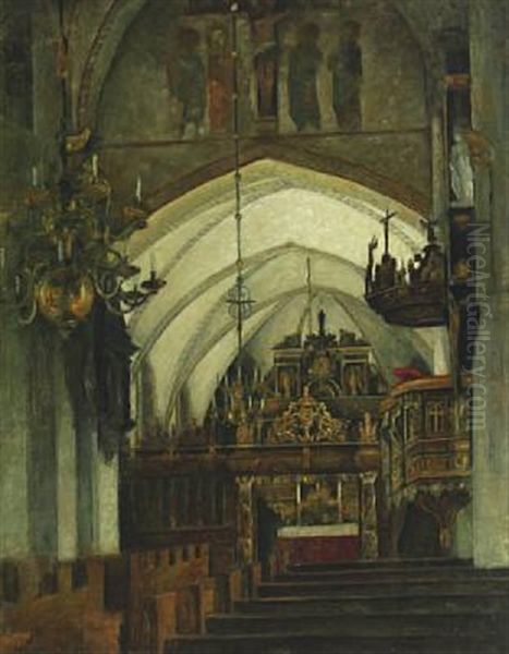 Interior Of A Church With The Altar In The Background Oil Painting by Svend Hammershoi