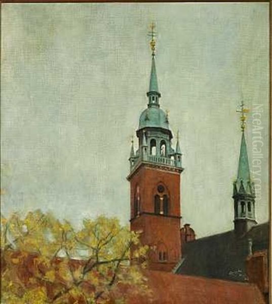 Helligandskirkens Spir Oil Painting by Svend Hammershoi