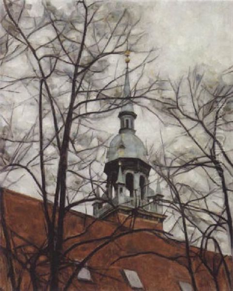 Udsigt Til Spiret Pa Helligandskirken Oil Painting by Svend Hammershoi