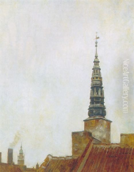 Nikolaj Og Helligandskirkens Spir, Set Fra Bundtmagerforretning Oil Painting by Svend Hammershoi