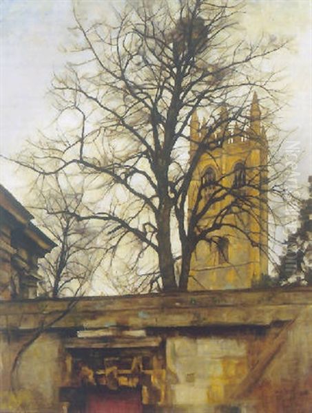 Magdalen Tower Og Lindetraeer, Oxford Oil Painting by Svend Hammershoi