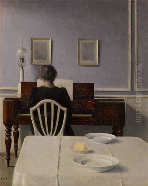 Interior With Woman At Piano, Strandgade 30 Oil Painting by Vilhelm Hammershoi