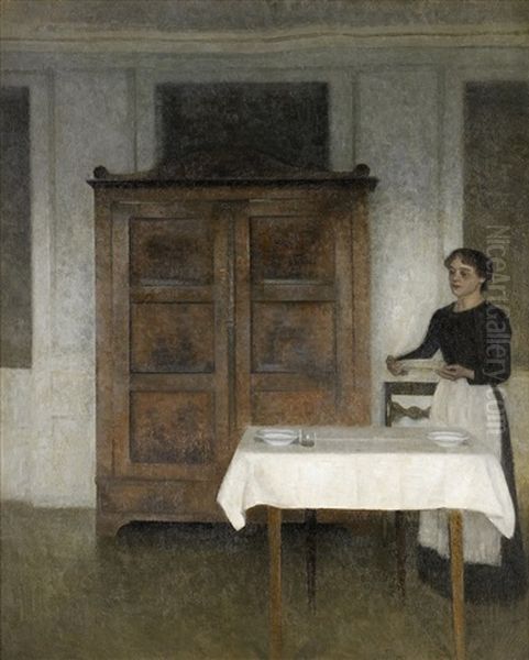 Pigen Daekker Bord Oil Painting by Vilhelm Hammershoi