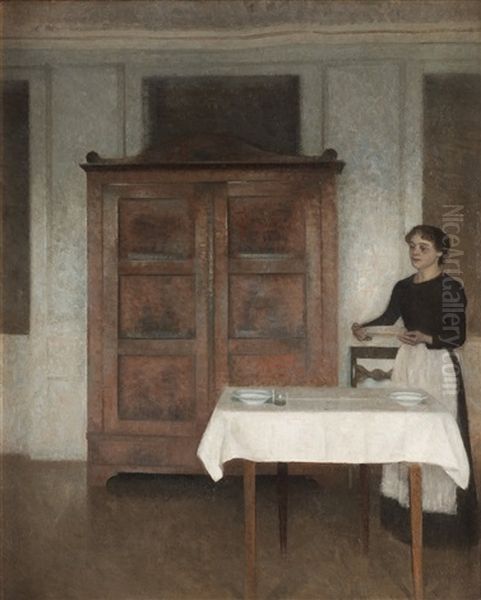 Pigen Daekker Bord (the Maid Laying The Table) Oil Painting by Vilhelm Hammershoi