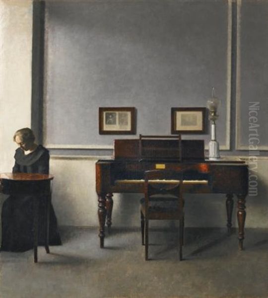 Ida In An Interior With Piano Oil Painting by Vilhelm Hammershoi