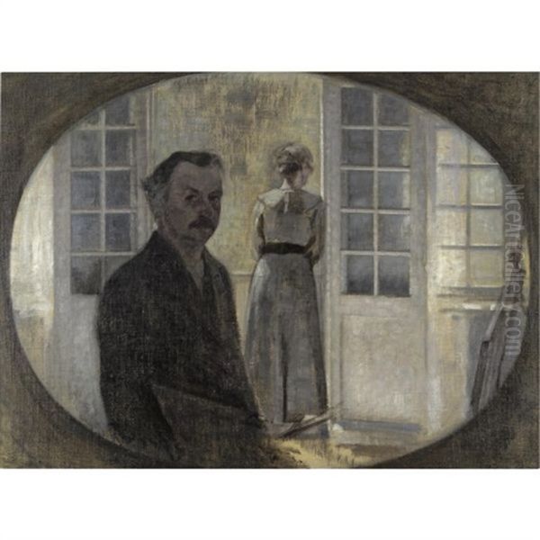 Interior Med Kunstneren Og Hans Hustru-double Portrait Of The Artist And His Wife, Seen Through A Mirror Oil Painting by Vilhelm Hammershoi