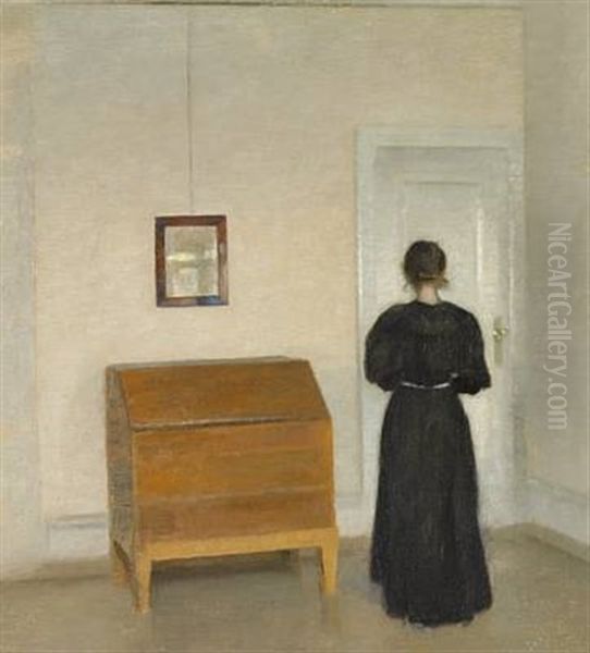 Stue. Tilhojre Op Mod Den Gullig-hvide Bagvaeg, Et Gult Chatol Paa Hoje Ben Oil Painting by Vilhelm Hammershoi