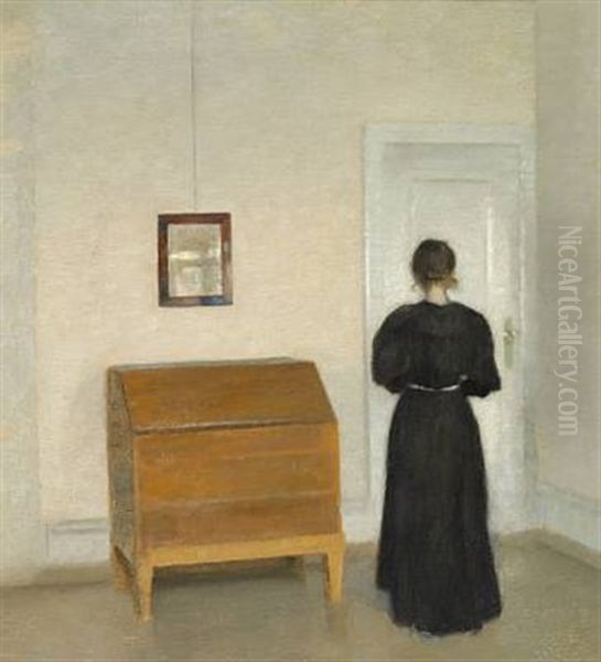 Stue - Tilhojre Op Mod Den Gullig-hvide Bagvaeg, Et Gult Chatol Paa Hoje Ben Oil Painting by Vilhelm Hammershoi