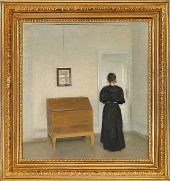 Stue Med En Ung Sortklaedt Kvinde Med Ryggen Mod Beskueren Oil Painting by Vilhelm Hammershoi