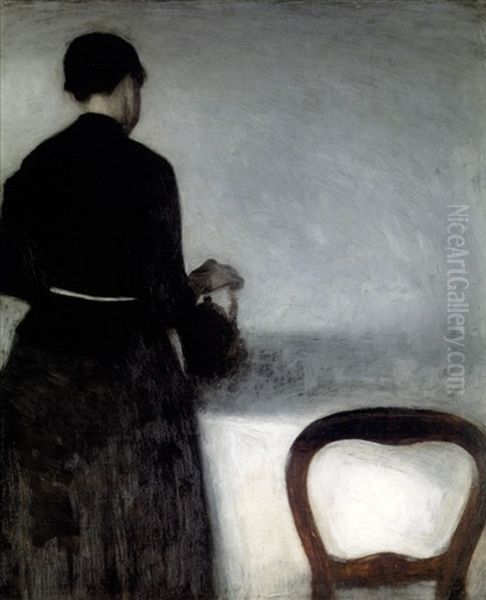 En Unge Pige, Som Holder Af En Kande - Young Girl Pouring Tea - The Artist's Sister Oil Painting by Vilhelm Hammershoi