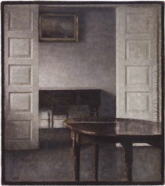 Stue. Flojdorene Staar Aabne Ind Til Et Bagved Liggende Vaerelse, Hvor Man Ser Et Lukket Klaver Med Stol Oil Painting by Vilhelm Hammershoi