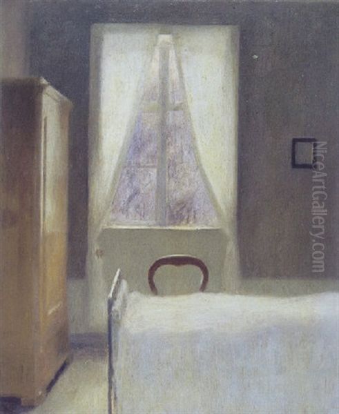 Sovekammer. I Forgrunden Tilhojre En Jernseng Med Hvidt Taeppe Oil Painting by Vilhelm Hammershoi