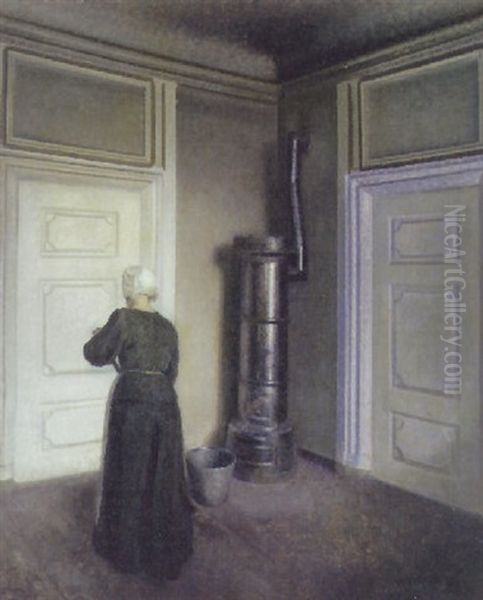 Hjornet Af En Stue Med Med Gra Vaegge Og Uden Mobler Oil Painting by Vilhelm Hammershoi