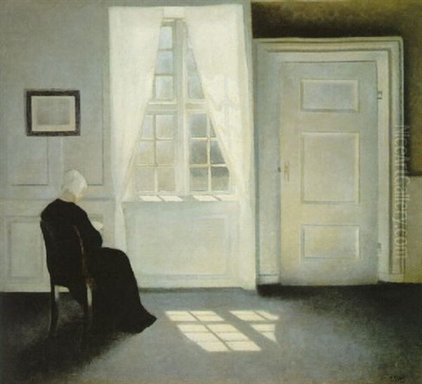 Ida Reading In Sunlight, Strandgade 30 Oil Painting by Vilhelm Hammershoi