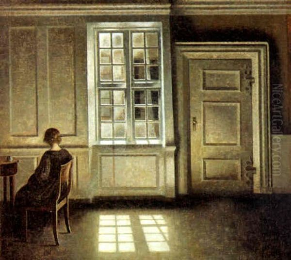 Stue. Til Venstre Sidder - Bortvendt - En Sortklaedt Kvinde, Syslende Med Et Handarbejde Oil Painting by Vilhelm Hammershoi