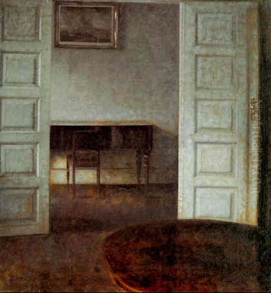 Stue. Flojdorene Star Abne Ind Til Et Bagved Liggende Vaerelse, Hvor Man Ser Et Lukket Klaver Med Stol Oil Painting by Vilhelm Hammershoi