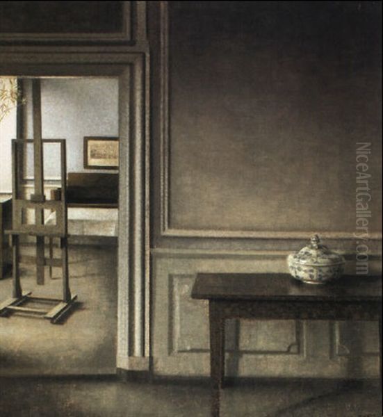 An Interior With A Punch Bowl Oil Painting by Vilhelm Hammershoi