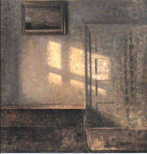 Stue. Fra Bredgade 25. Soslkin. Studie, Tilvenstre Et       Klaver. Hojt Oppe Pa Vaeggen Et Skilderi I Forgyldt Ramme, Oil Painting by Vilhelm Hammershoi