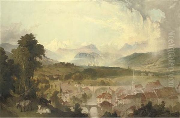 View Of Berne With The Aar River And The Nydegg Bridge (collab. W/george W. Horlor) Oil Painting by James Astbury Hammersley