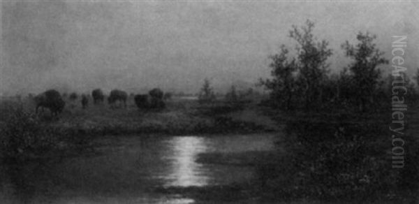 Buffalo At The River Oil Painting by John Olson Hammerstad