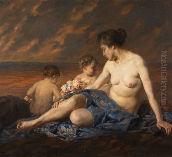 Baigneuse Et Jeunes Enfants Sur Une Plage Oil Painting by Peter von Hamme-Voitus