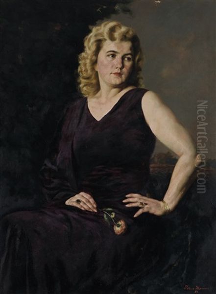 Portrait Einer Jungen Frau In Violettem Abendkleid Oil Painting by Peter von Hamme-Voitus